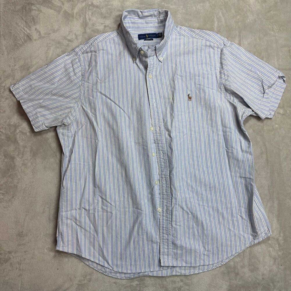 Polo Ralph Lauren~Men’s Oxford Button Down Shirt Blue/Gray Striped Short Sleeve~